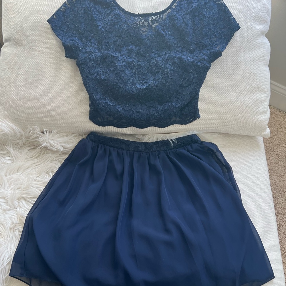 Sparkly Navy Lace Crop Top and Skirt Set